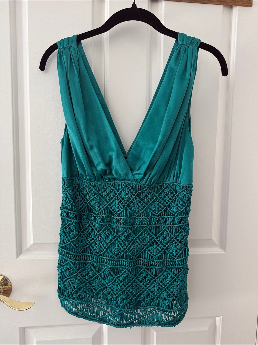 Bebe Teal Satin Crochet V-Neck Top